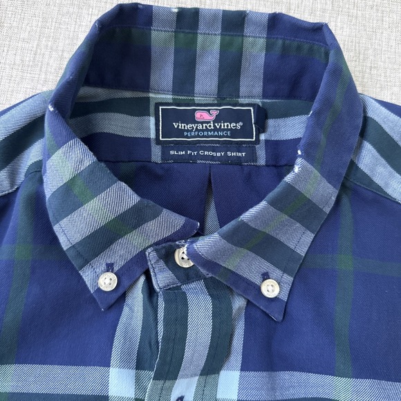 Vineyard Vines Shirt Men's Large Performance Slim Fit Crosby Blue Green Plaid - Picture 2 of 9